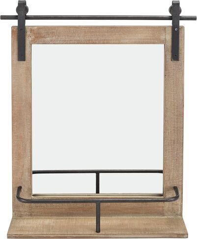 Danya B. مرآة زينة بباب الحظيرة ذات إطار خشبي صناعي ريفي مع رف ومعدات حديدية - مرآة حمام ريفية مستطيلة الشكل in Kuwait