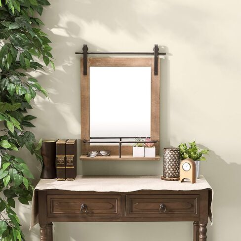 Danya B. مرآة زينة بباب الحظيرة ذات إطار خشبي صناعي ريفي مع رف ومعدات حديدية - مرآة حمام ريفية مستطيلة الشكل in Kuwait