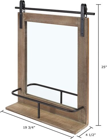 Danya B. مرآة زينة بباب الحظيرة ذات إطار خشبي صناعي ريفي مع رف ومعدات حديدية - مرآة حمام ريفية مستطيلة الشكل in Kuwait