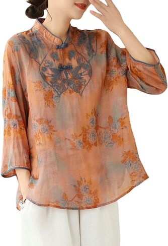 Women Summer 3/4 Sleeve Chinese Blouse Top Traditional Mandarin Collar Ethnic Cotton Linen Qipao Shirt in Saudi Arabia
