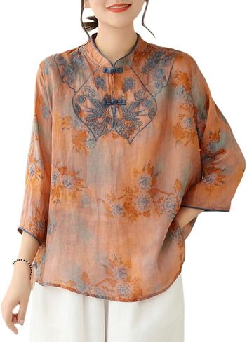 Women Summer 3/4 Sleeve Chinese Blouse Top Traditional Mandarin Collar Ethnic Cotton Linen Qipao Shirt in Saudi Arabia