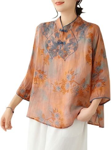 Women Summer 3/4 Sleeve Chinese Blouse Top Traditional Mandarin Collar Ethnic Cotton Linen Qipao Shirt in Saudi Arabia