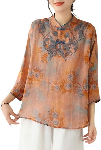 Women Summer 3/4 Sleeve Chinese Blouse Top Traditional Mandarin Collar Ethnic Cotton Linen Qipao Shirt in Saudi Arabia