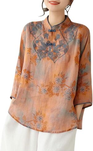 Women Summer 3/4 Sleeve Chinese Blouse Top Traditional Mandarin Collar Ethnic Cotton Linen Qipao Shirt in Saudi Arabia