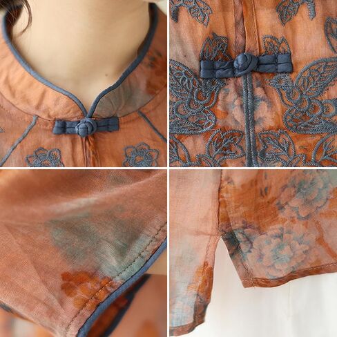 Women Summer 3/4 Sleeve Chinese Blouse Top Traditional Mandarin Collar Ethnic Cotton Linen Qipao Shirt in Saudi Arabia