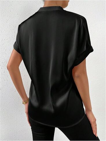 SweatyRocks Women's Elegant Stand Collar Button Dowm Shirt Short Sleeve Satin Blouse Top in Saudi Arabia