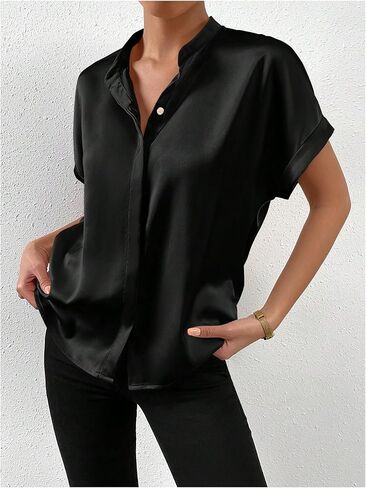 SweatyRocks Women's Elegant Stand Collar Button Dowm Shirt Short Sleeve Satin Blouse Top in Saudi Arabia