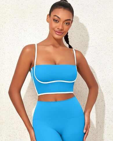 Womens Workout Tank Tops Square Neck Longline Sports Bra Support Crop Yoga Top Spaghetti Strap Camisole Built in Bras in Kuwait