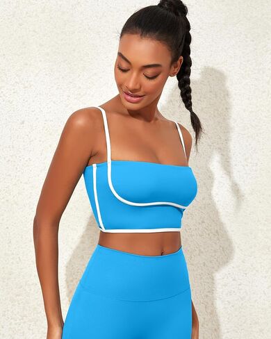 Womens Workout Tank Tops Square Neck Longline Sports Bra Support Crop Yoga Top Spaghetti Strap Camisole Built in Bras in Kuwait