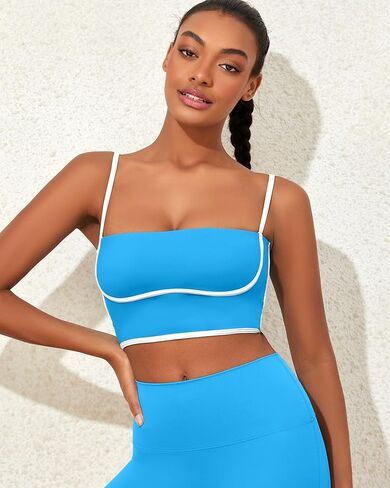 Womens Workout Tank Tops Square Neck Longline Sports Bra Support Crop Yoga Top Spaghetti Strap Camisole Built in Bras in Kuwait