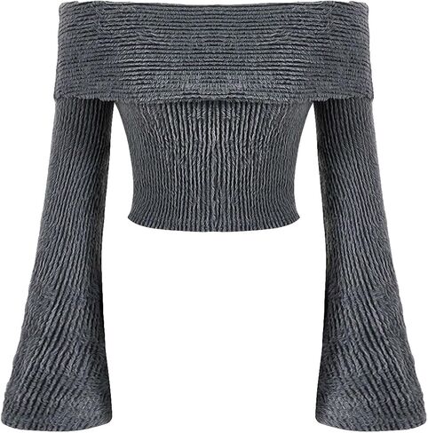 Verdusa Women's Off Shoulder Bell Long Sleeve Slim Fitted Crop Tee Top in Kuwait