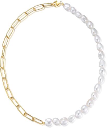 قلادة لؤلؤ الباروك الأبيض للنساء 925 سلسلة مشبك ورق من الفضة الإسترلينية 9 مم لؤلؤ باروكي غير منتظم كبير 14 قيراط سلسلة أنيقة مطلية بالذهب 16.54 بوصة in Kuwait