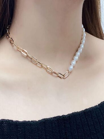 قلادة لؤلؤ الباروك الأبيض للنساء 925 سلسلة مشبك ورق من الفضة الإسترلينية 9 مم لؤلؤ باروكي غير منتظم كبير 14 قيراط سلسلة أنيقة مطلية بالذهب 16.54 بوصة in Kuwait