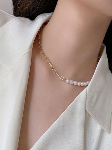 قلادة لؤلؤ الباروك الأبيض للنساء 925 سلسلة مشبك ورق من الفضة الإسترلينية 9 مم لؤلؤ باروكي غير منتظم كبير 14 قيراط سلسلة أنيقة مطلية بالذهب 16.54 بوصة in Kuwait