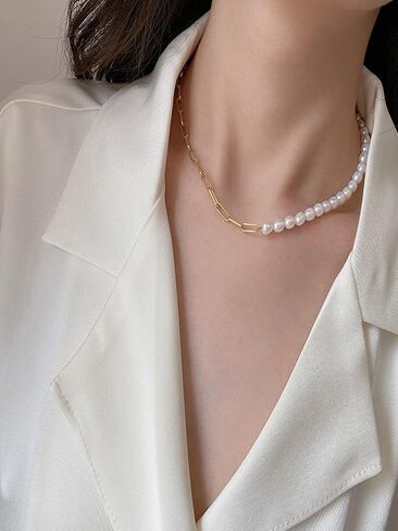 قلادة لؤلؤ الباروك الأبيض للنساء 925 سلسلة مشبك ورق من الفضة الإسترلينية 9 مم لؤلؤ باروكي غير منتظم كبير 14 قيراط سلسلة أنيقة مطلية بالذهب 16.54 بوصة in Kuwait