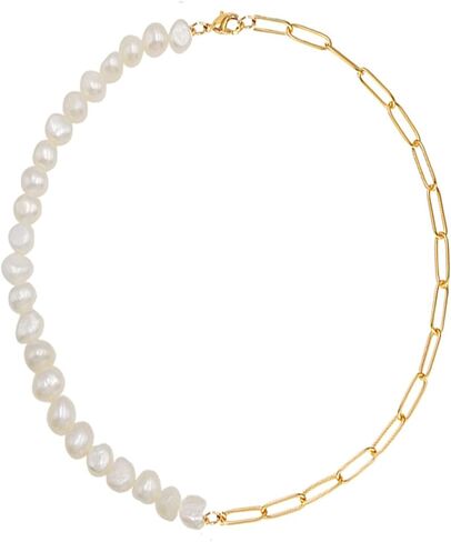 قلادة لؤلؤ الباروك الأبيض للنساء 925 سلسلة مشبك ورق من الفضة الإسترلينية 9 مم لؤلؤ باروكي غير منتظم كبير 14 قيراط سلسلة أنيقة مطلية بالذهب 16.54 بوصة in Kuwait