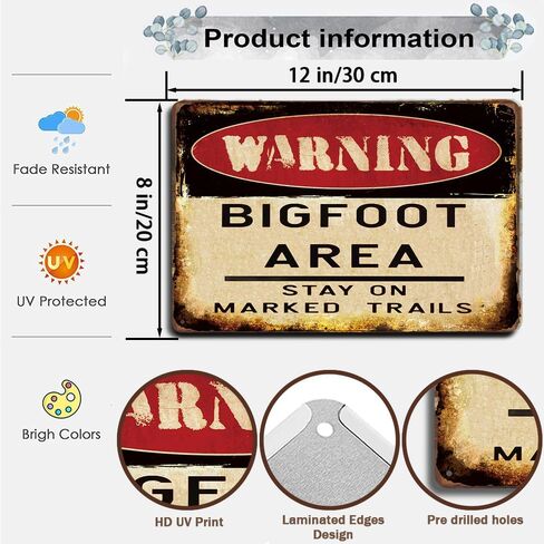 Vintage Bigfoot Warning Metal Tin Sign 12x8 Inch - Rustic Wall Decor for Outdoors, Camping & Hiking Enthusiasts, Mythical Creature Sasquatch Area Signage, Unique Gift for Cryptozoology Fans in Kuwait
