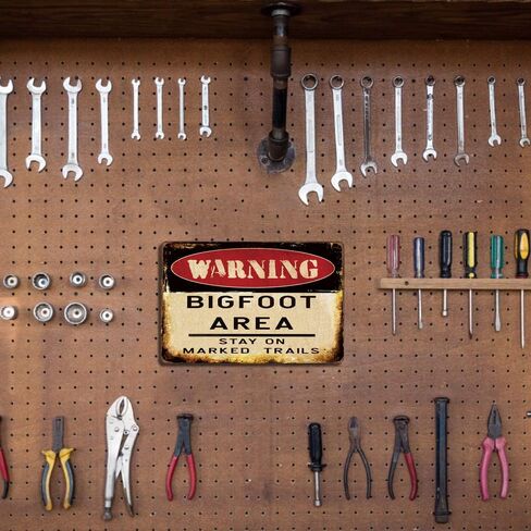 Vintage Bigfoot Warning Metal Tin Sign 12x8 Inch - Rustic Wall Decor for Outdoors, Camping & Hiking Enthusiasts, Mythical Creature Sasquatch Area Signage, Unique Gift for Cryptozoology Fans in Kuwait