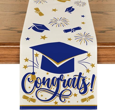Artoid Mode Blue Congrats Diploma Cap Graduation Table Runner, 2024 Fireworks Holiday Kitchen Dining Table Runners for Home Party Decor 13x72 Inch in Saudi Arabia