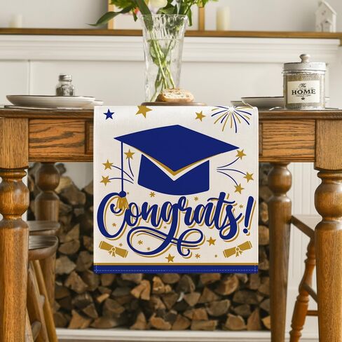 Artoid Mode Blue Congrats Diploma Cap Graduation Table Runner, 2024 Fireworks Holiday Kitchen Dining Table Runners for Home Party Decor 13x72 Inch in Saudi Arabia