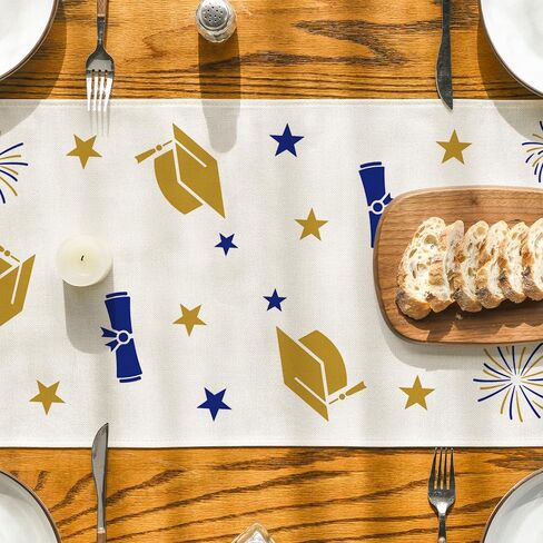 Artoid Mode Blue Congrats Diploma Cap Graduation Table Runner, 2024 Fireworks Holiday Kitchen Dining Table Runners for Home Party Decor 13x72 Inch in Saudi Arabia