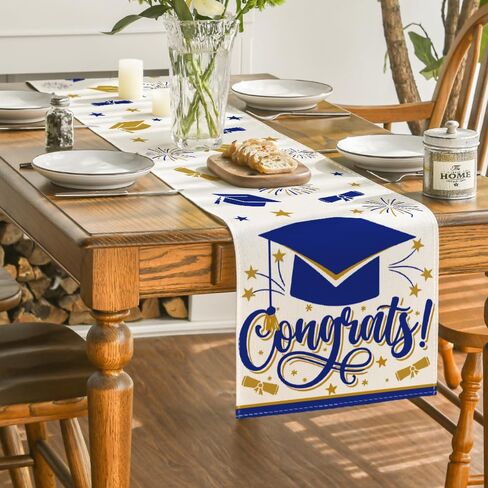 Artoid Mode Blue Congrats Diploma Cap Graduation Table Runner, 2024 Fireworks Holiday Kitchen Dining Table Runners for Home Party Decor 13x72 Inch in Saudi Arabia