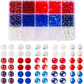 Beadthoven 600pcs 4th of July Glass Beads Set 6mm Round Ball Bicone Crystal Beads Patriotic Beads Independence Day Spacers Red Blue White Glass Beads for Jewelry Necklace Bracelet Earring DIY Crafts