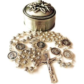 elegantmedical Handmade Silver Rose Beads Catholic ST.MICHAEL GUARDIAN ANGEL HOLY Medal Rosary Cross Necklace & Nice Metal Jewellery Box