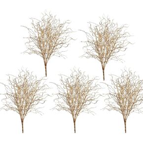 Firlar 5 PCS Gold Sparkle Curly Ting Branch, 21in Glitter Ting Vase Filler Wedding Bouquet Artificial Floral Flower Stub Stem for DIY Bride Bouquet, Wedding Party Table Centerpiece Decor