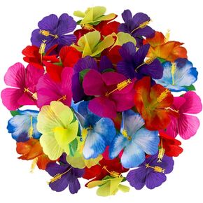 BESTOYARD 72Pcs Hawaii Hibiscus Flower Fabric Artificial Tropical Flower for Tabletop Decoration Table Confetti Party Favors Supplies Jungle Party Beach Wedding Decor Random Color