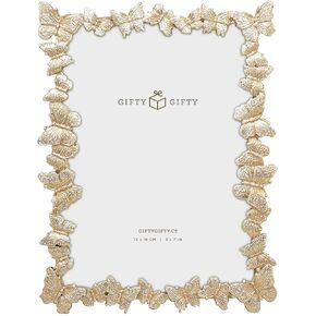 Butterfly Photo Frame 5"x7" For Vertical and Horizontal Display on Tabletops, Home Decor, Wedding, Vacation, Graduation, Or Any Milestone Photos (Gold with White Brush) Gift Box