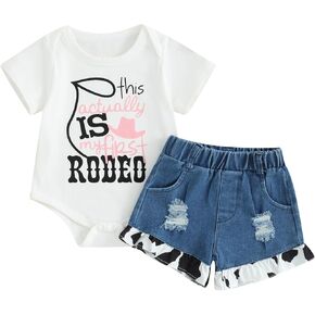 Western Baby Girl Summer Clothes This Actually is My First Rodeo Romper Cow Print Denim Shorts Set Cowgirl Outfits