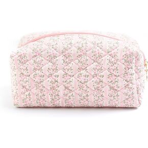 Floral Makeup Bag, Cute Quilted Makeup Toiletry Bag, Zipper Cosmetic Pouch, Daily Travel Use Skincare Bag, Multipurpose Organizer Bag (2Pack Pink + Blue)