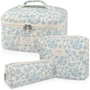Makeup Bag Set, Quilted Makeup Bag, Large Floral Cosmetic Bag for Women, Cute Cotton Makeup Bags, Flower Travel Toiletry Organizer Bag