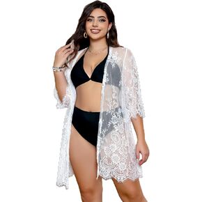 Floerns Women's Plus Size Sheer Floral Lace Open Front Kimono Beach Cover Up