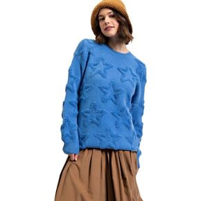 Easel Women's Star Patterned Sweater Long Sleeve Round Neck Ultra Soft Loose Fit Oversized -Pink