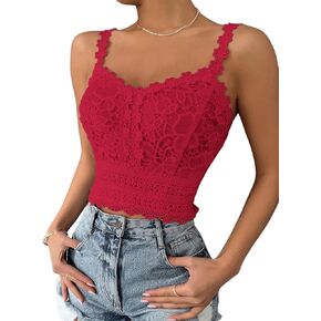 SHENHE Women's Lace Trim Smocked Sleeveless Cute V Neck Cropped Tank Top Camisole