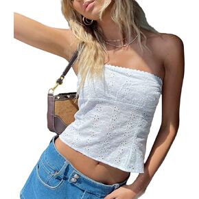 Women Y2K Tube Top Sleeveless Strapless Eyelet Crop Top Slim Fit Bandeau Tank Vest Going Out Cami