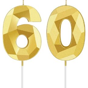 60th Birthday Number Candles 3D Diamond Shape Cake Candles Number 60 Candles Cake Topper Decoration for Birthday Wedding Celebration Anniversary Favor (Gold)