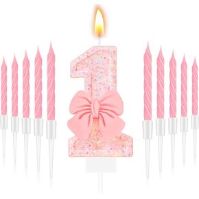 MTLEE Birthday Candle 2.95" Large Pink Candles with 10 Long Thin Cupcake Candle Glitter Happy Birthday Number Candles for Girls Birthday Cakes Bow Birthday Decorations Princess Candle for Party (1st)