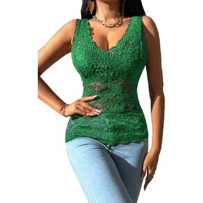OYOANGLE Women's Sleeveless Mesh Floral Lace Scallop V Neck Backless Tank Top Blouse