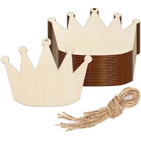 20pcs Crown Wood DIY Crafts Cutouts Unfinished Wooden Crown Shaped Hanging Ornaments with Jute Twines Wood Tags for Wedding Birthday Christmas Party Decorations