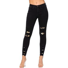 Judy Blue Black Destroyed Leopard Patch Mid-Rise Skinny Jeans! Show Your Wild Side! (Style: 82168) (15)