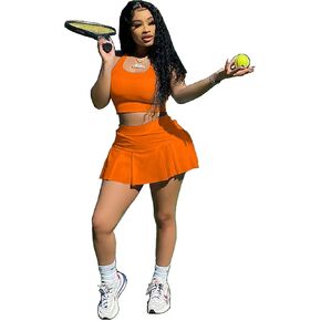 Women Tennis Skirt Sets 2 Piece Outfits Sexy Tank Crop Top Mini Skater Skorts Golf Skirts Sports Suit Activewear