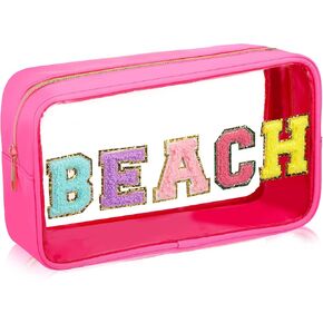 Chenille Letter Clear Makeup Bags Preppy Patch Beach Makeup Bag Waterproof Zipper Pouch Rose Red Nylon Portable Travel Cosmetic Bag for Women Birthday Annniversary Graduation Summer Gifts