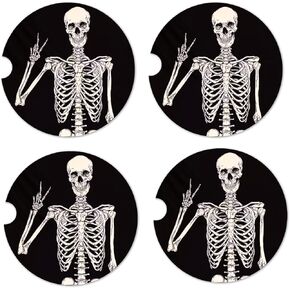 4 قطع قواعد أكواب للسيارة ماصة للمشروبات، قواعد سيارة من حجر السيراميك الماص للمشروبات وإكسسوارات السيارة للهالوين مع قاعدة من الفلين، هيكل عظمي مضحك لجمجمة الهالوين لحاملي الأكواب in Kuwait