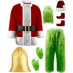 Santa Claus Costume for Men Christmas Santa Suit Set Deluxe Velvet Adult Santa Costume Burgundy 9 Pcs Santa Outfit