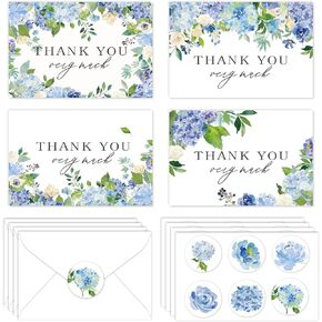 Whaline 32Pcs Floral Thank You Cards Hydrangea Flowers Blank Greeting Cards Watercolor Blue Note Cards with Envelopes and Stickers for Wedding Birthday Baby Shower Party Supplies, 4 x 6 Inch