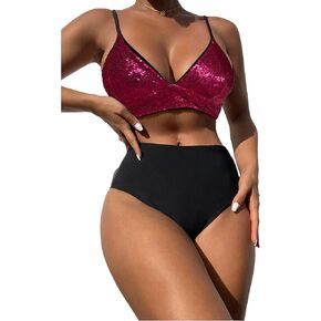 Floerns Women's 2 Piece Color Block Sequin High Waisted Bikini Swimsuit