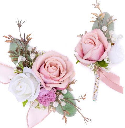 Fnize Blue Corsage and Boutonniere Set for Bride Groom Bridesmaids Groomsmen Wedding Homecoming Flowers Prom Suit Accessories, Rose Boutonniere and Wrist Corsage Flower in Saudi Arabia